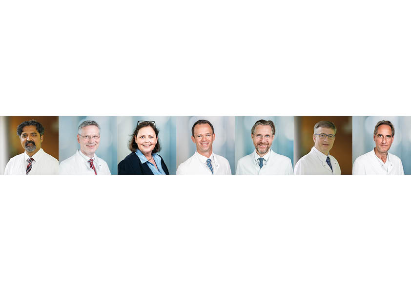 Portraitbilder (v.l.n.r.) Prof. Dr. Kartik Krishnan, Prof. Dr. med. Markus Müller-Schimpfle, Prof. Dr. med. Sibylle Roll, Prof. Dr. med. Joachim Rom, Prof. Dr. med. Matthias Schwarzbach, Prof. med. Matthias Seelig, Prof. Dr. med. Thorsten Steiner