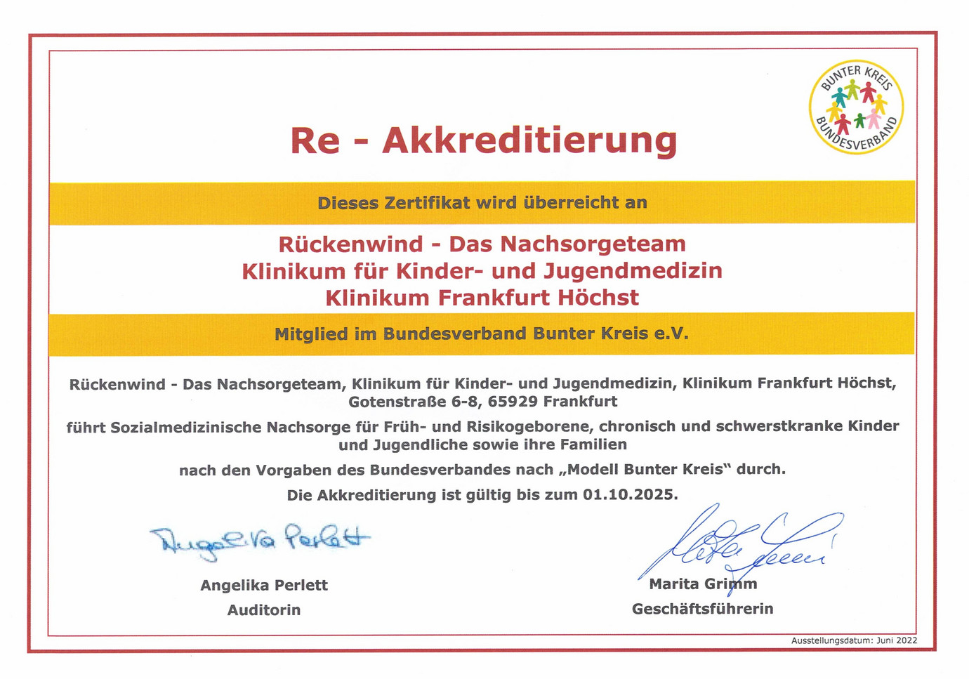 Urkunde Re-Akkreditierung 2022