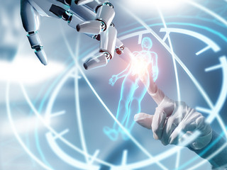 Finger einer Roboterhand trifft Zeigefinger der Hand eines menschlichen Operateurs