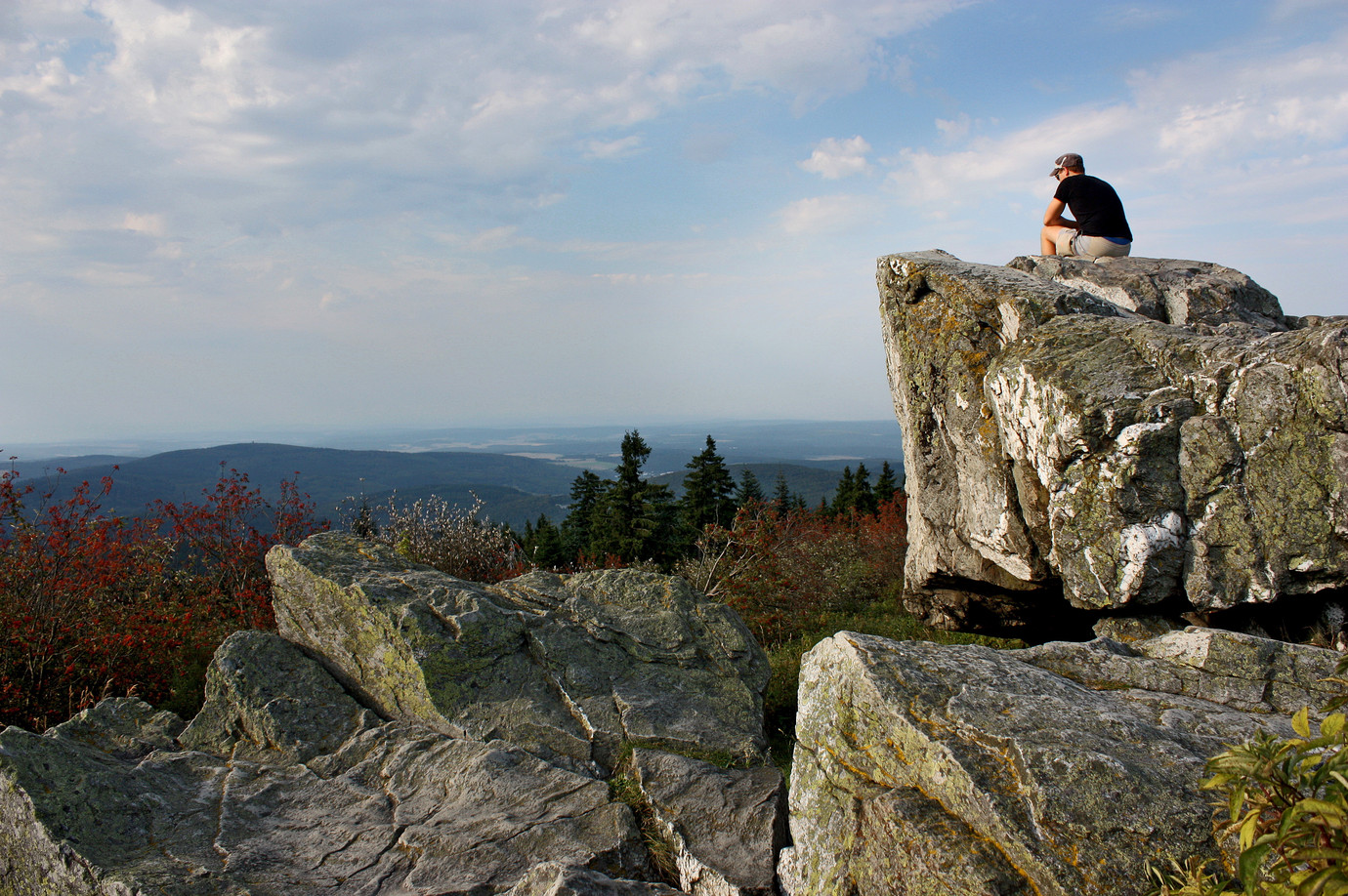 Mann blickt von einem Felsen auf ein bewaldetes Tal