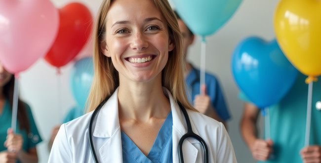 Man sieht eine blonde lächelnde Ärztin im Vodergrund. Im Hintergrund halten Menschen in grüner Krankenhauskleidung Luftballons hoch. 