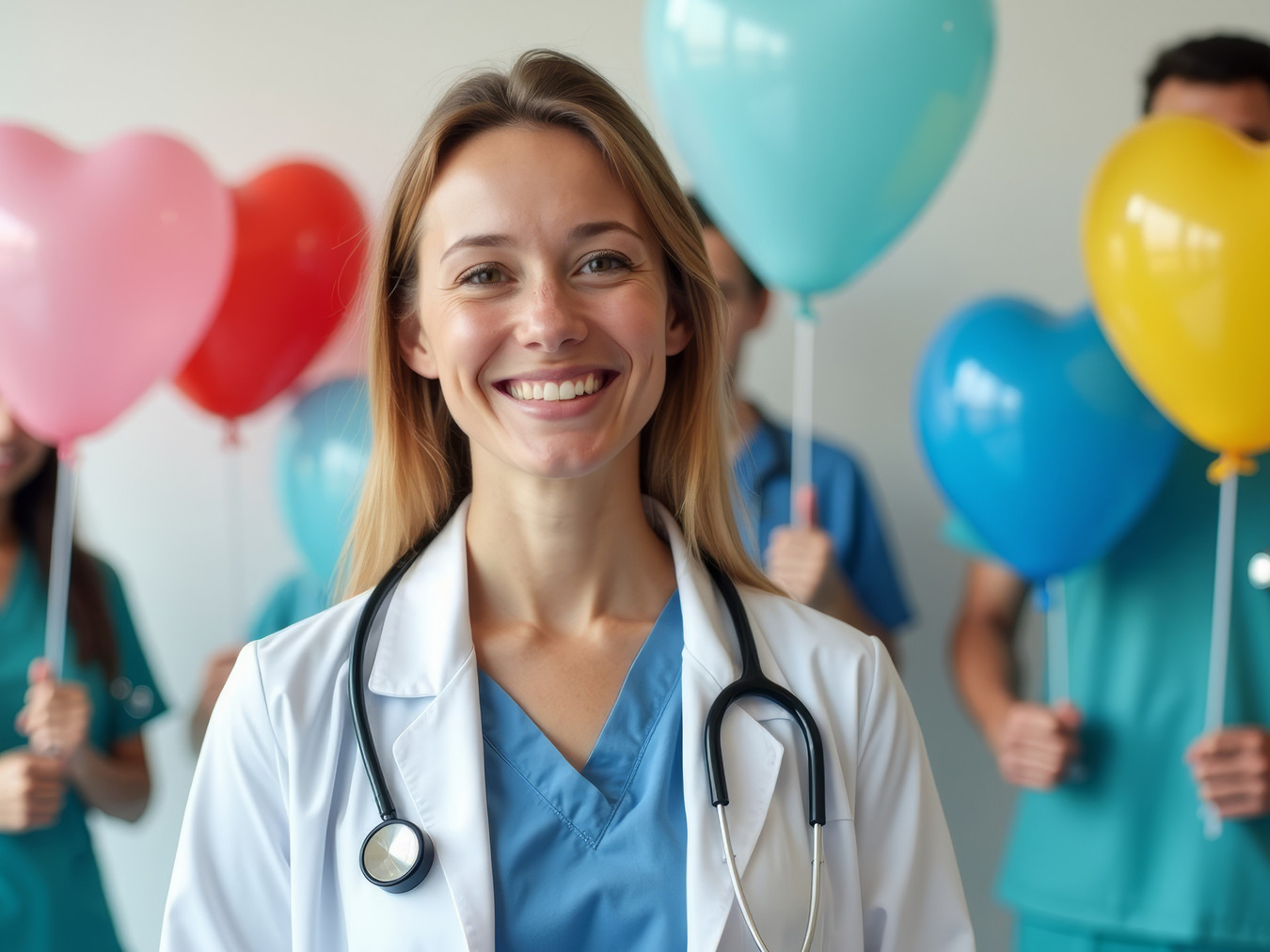 Man sieht eine blonde lächelnde Ärztin im Vodergrund. Im Hintergrund halten Menschen in grüner Krankenhauskleidung Luftballons hoch. 