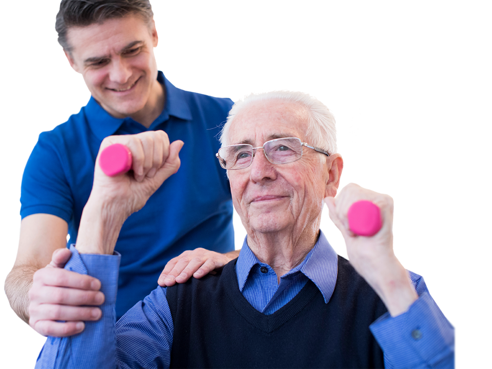 Physiotherapeut hilft Senioren, Handgewichte zu heben